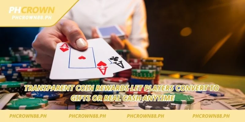 Transparent coin rewards let players convert to gifts or real cash anytime
